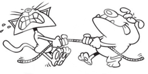 Tug o' War of Demineralization vs. Remineralization pictured as a cartoon cat and dog at tub o' war...